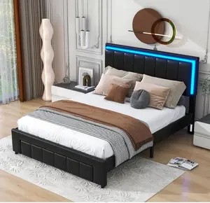 Best Seller toptan yeni tasarım kraliçe kral 1 çekmece döşemeli Platform yatağı siyah gri LED ışıkları ile