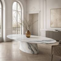 Table à manger ovale sculpturale de luxe en marbre blanc artificiel, surface mate, noyau en pierre, marque Future Star, personnalisable