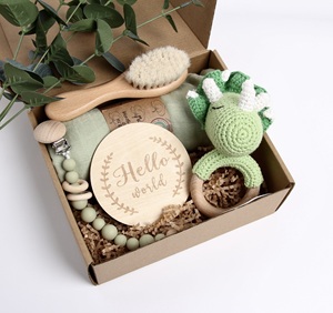 Juego de caja de regalo para Baby Shower recién nacido, juego de dormir para recién nacido de tela orgánica con Clip de chupete de ganchillo, envoltura de muselina con logotipo impreso Digital - Product Image 4