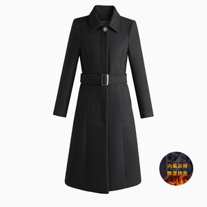 Women's Navy Blue Wool Coat With Belt Fitted Long Professional Solid Color Polyester Inner Cotton Padding Warm Winter Wear - Product Image 3