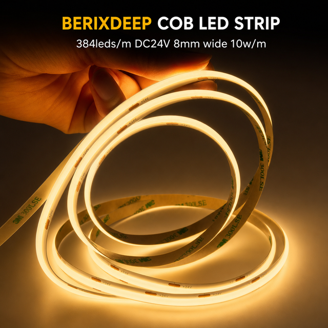 COB LED Strip 384 LEDs/M DC24V 8mm Wide Dotless CRI 92+ Flexible IP20 Self-adhesive Strip Light for Shelf/Workbench Decoration