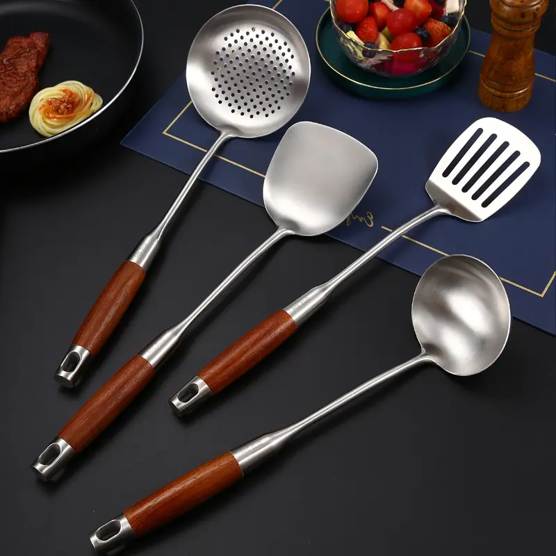 304 Stainless Steel Wok spatula/ladle/Skimmer Tool Set 17 inches Kitchen Utensils with Wooden Handle Turner