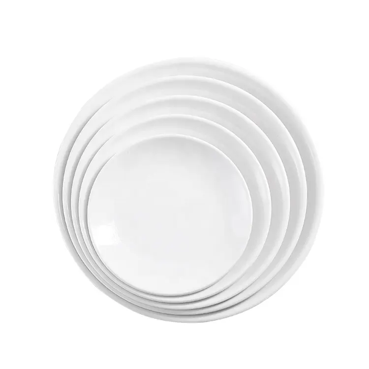 Desain kustom alat makan putih bulat 10 11 12 inci pelat melamin Logo cetak kustom untuk pernikahan Restoran