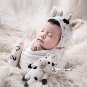 Nouveau-né Photographie Props <span class=keywords><strong>Kit</strong></span> <span class=keywords><strong>Tricot</strong></span> Angora Vache Chapeau Beige Alpaga Bull Jouet Neutre Photo Prop <span class=keywords><strong>Bonnet</strong></span> Crochet Bébé Posant Poupée - Product Image 4