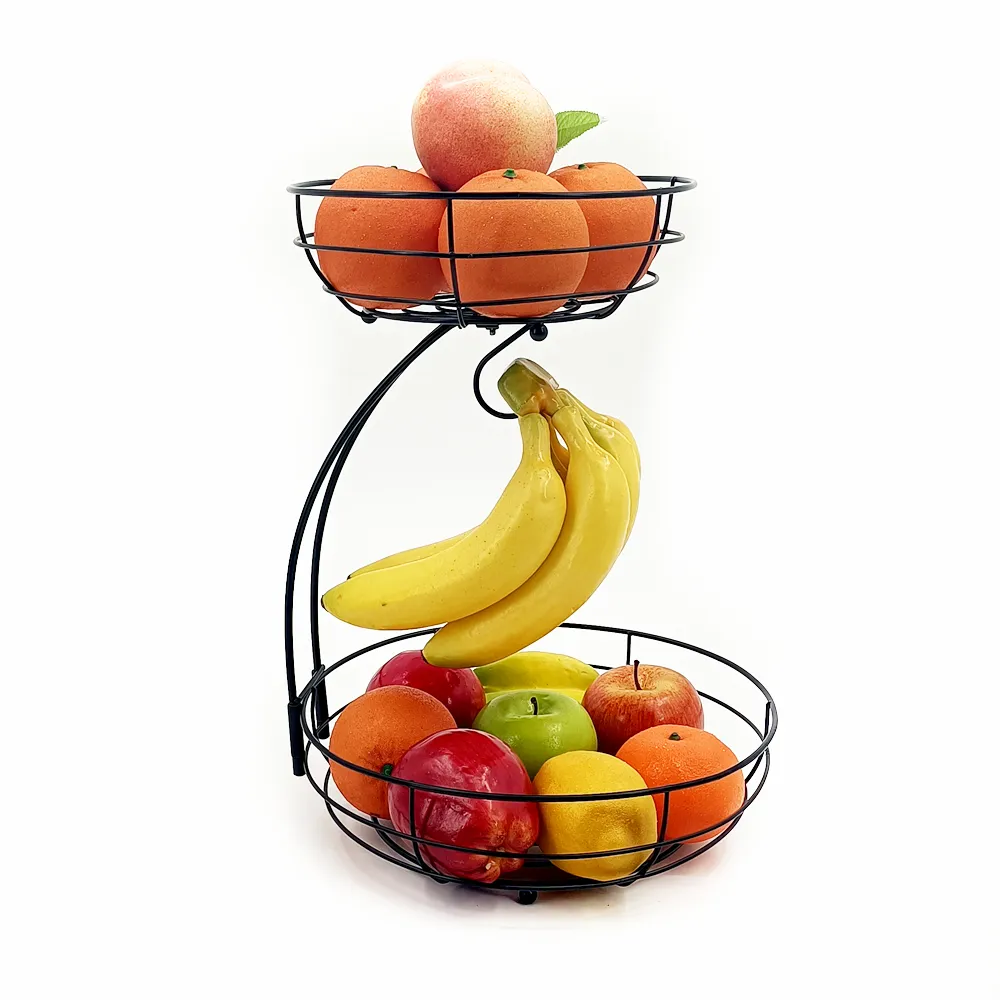 2 Tier Countertop Fruit Basket Bowl Storage with Banana Hanger Detachable Fruit Holder