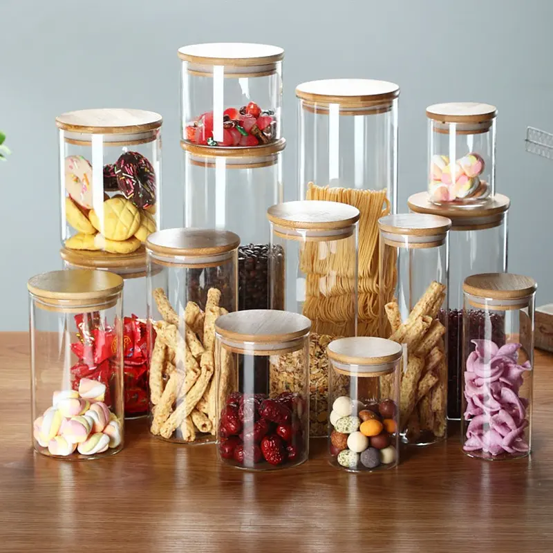 Hot selling borosilicate glass kitchen canisters manufacturer food storage Jar with airtight bamboo lids in multi-specification