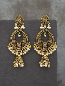 Boucles d'oreilles pendantes classiques vintage couleur or, boucles d'oreilles bohèmes pour femmes, clochettes de fleurs, perles, pompons, boucles d'oreilles Jhumka, bijoux indiens (KER823) - Product Image 4