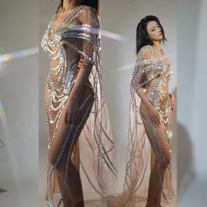 Costume de drag queen <span class=keywords><strong>sexy</strong></span> pour pole dance latine, avec paillettes, maille transparente, longueur au sol, pour fête d'anniversaire, en mousseline naturelle - Product Image 1