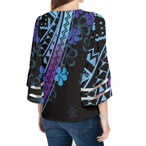 Camicetta in <span class=keywords><strong>Chiffon</strong></span> da <span class=keywords><strong>Donna</strong></span> Taglie Forti con Stampa Floreale Tribale Polinesiana Blu Hawaiano, Stile Vintage per Ufficio - Product Image 2