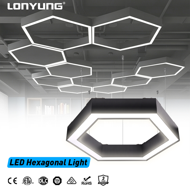 High Quality CE ETL Hexagonal LED Pendant Light Anti-Glare Black Linear Suspension Lamp for Office Shop Commercial Lighting