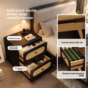 Small Apartment Short Rattan <strong>Bedside</strong> <strong>Table</strong> Light Luxury Retro Solid Wood Double Drawer Bedroom Storage <strong>Bedside</strong> <strong>Table</strong> - Product Image 4
