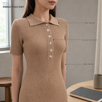 Robe polo côtelée sur mesure OEM pour femme, manches courtes, boutonnée sur le devant, robe moulante mi-longue, coupe ajustée, vêtements en tricot pour le bureau