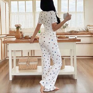 Conjunto de pijama acanalado con estampado de corazones para mujer, top con cuello cuadrado y lazo de encaje, pantalones de pierna ancha de cintura alta, ropa de descanso informal y dulce, tallas S-XL, varios colores - Product Image 4