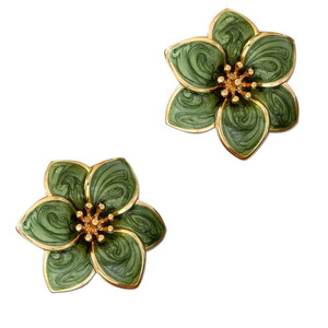Boucles d'oreilles clous fleur émail vert alliage de zinc acier inoxydable pour femme, bijoux fantaisie, cadeau élégant style rétro - Product Image 5
