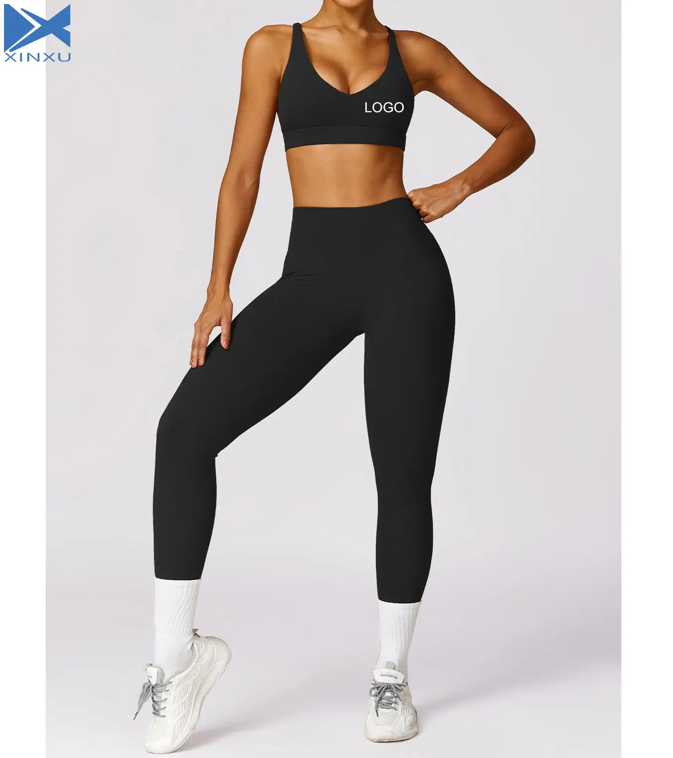 XINXU nuovi Set di Yoga Leggings con Logo personalizzato a vita alta e Sexy Top donna in bianco Sport da palestra Set