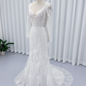 Vestido de novia estilo sirena mangas largas drapeado flor volante decoraciones capilla para madre novia HX43 - Product Image 2