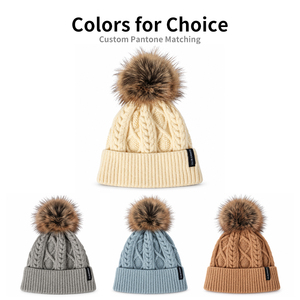 Outdoor Ski Winter Cable Knit <strong>Fleece</strong> <strong>Lined</strong> Faux Fur Pom <strong>Bobble</strong> <strong>Hat</strong> with Custom Label - Product Image 2