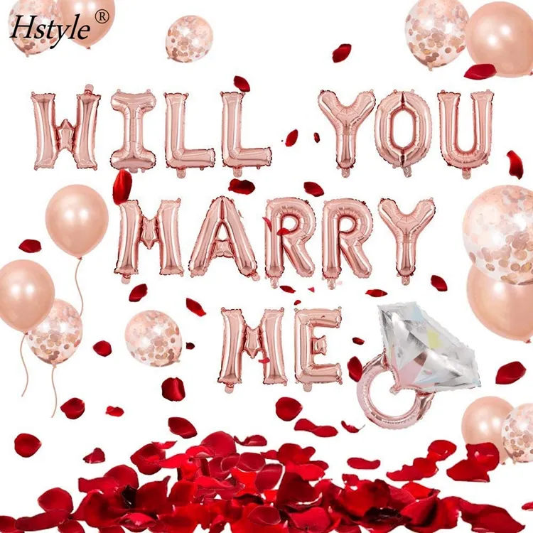 Conjunto de balões 38 pçs-rosa dourado "me casará", balões-propostas de decoração-proposta à noite-anel de diamante st024