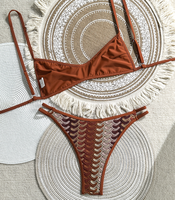 Set Bikini Mikro Brasil Wanita Seksi Tanpa Pad, Dua Warna, Bertekstur, dan Berbahan Rib