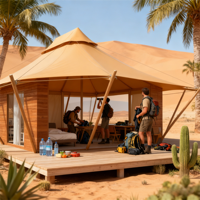 Tente de glamping familiale 2 chambres, structure en acier, toile PVC imperméable, quatre saisons, ignifuge, ouverture rapide, écologique, style safari, pour resort