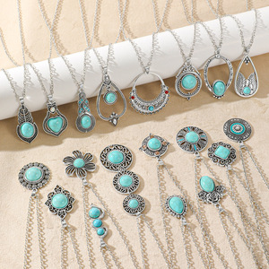 Collier Bohème Turquoise pour Femme, Pendentif Goutte d'Eau en Alliage Argenté Tibétain, Bijoux de Fête, Colliers Perlés Tendance - Product Image 1
