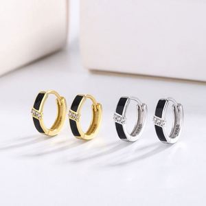 925 Sterling <b>Silver</b> Cute Rhodium Plated <b>Huggies</b> Round Design Black Hoop Earrings for Women Wedding Party Gift Jewelry - Product Image 1