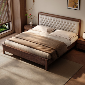 Cama Doble de Madera Maciza de Nogal Negro con Cuero Genuino Acolchado Suave, Estilo Chino Nuevo, Estética de Primera Capa de Piel de Vaca - Product Image 2
