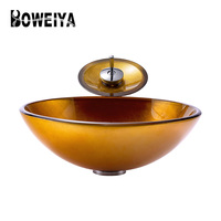 Lavabo sur pied extérieur moderne et minimaliste en verre trempé rond doré, design populaire, facile à nettoyer, pour salle de bain
