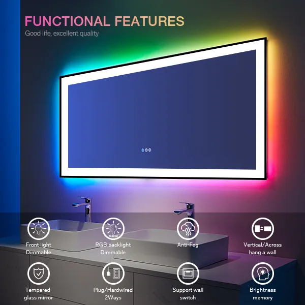 Custom Smart Touch Screen Vanity Wall Make Up Mirror Square Frames Magic Led Bathroom Mirror RGB Light