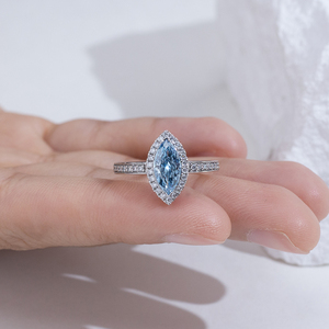 Messi Jewelry MSR-2060 PT950 Marquise Cut Halo Blue Lab Grown <b>Diamond</b> <b>Ring</b> for Party - Product Image 6