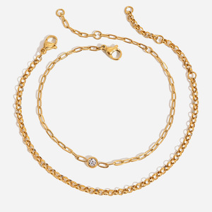 Pulsera de cadena de oro de doble capa con bisel de diamantes de imitación para mujer, joyería de regalo - Product Image 1