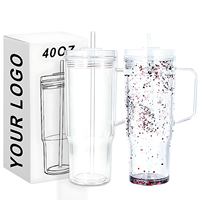 Gobelet de voyage en plastique de 40 oz en acrylique sans BPA à double paroi, effet boule à neige, pré-percé, avec couvercle et paille, en gros et en stock