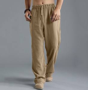 Pantalon décontracté d'été pour hommes en tissu Oxford uni, taille mi-haute avec cordon de serrage, en lin/coton, coupe droite ample, vente en gros - Product Image 3