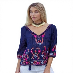 Blusa de verano Vintage con manga 3/4 y bordado de Cachemira para mujer, blusa de estilo bohemio para playa y vacaciones - Product Image 1