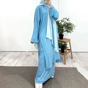 Co ORD 2 mảnh xếp li sọc thiết lập Hồi giáo quần áo phụ nữ khiêm tốn abaya lỏng chia bên áo dài quá khổ váy baju kurung