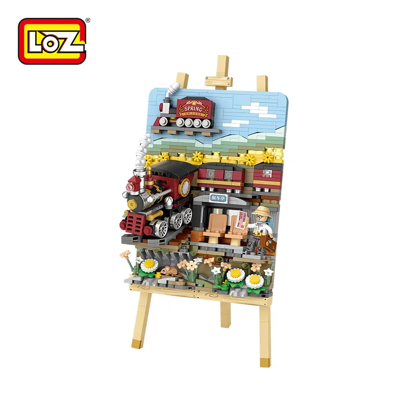 Loz1296 Spring Train 3d Tekening Kleine Deeltjes Bouwsteen Assemblage Speelgoed Cadeau Decoratie Handgemaakte Assemblage