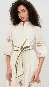 Robe maxi blanche à col en V, brodée, avec ceinture, décontractée, pour femmes, manches courtes, taille naturelle, 100% coton tissé - Product Image 4