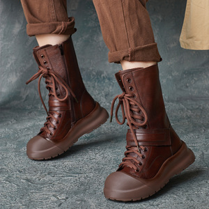 Bottes Martin mi-mollet pour femme, style britannique, nouvelle collection automne-hiver, en cuir de vachette fait main, à bout rond, lacets croisés, montantes - Product Image 1