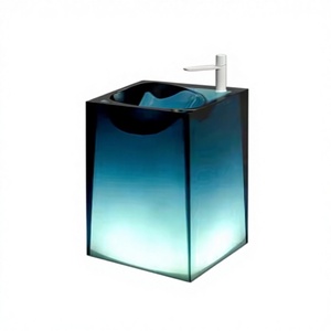 Top Selling Modern Villa <b>Clear</b> Transparent Artificial Pedestal Sink <b>Resin</b> Rectangular Wash Basin with Drainer 9L Capacity - Product Image 1