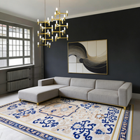 Tapis d'appoint noué à la main, haut de gamme, écologique, antidérapant, en laine à poils longs, beige, motif floral bleu, style oriental traditionnel