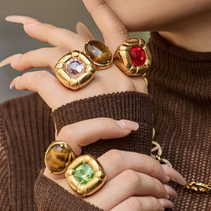 Luxury Vintage Stainless Steel <b>Ring</b> Colorful Glass <b>Tiger</b> <b>Eye</b> Stone 18K Gold Plated Jewelry for Women - Product Image 1