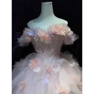 Pink Off The Shoulder Ball Gown Empire Waist Floral Print Prom Dress Princess Style Maxi Skirt - Product Image 5