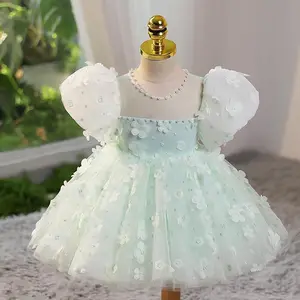 2-12Y Green Flower Appliques Tulle Fancy Baby Children Evening Party Gown Princess Kids Clothing Flower Girls Wedding Dresses