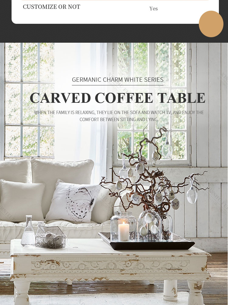 New French country coffee table white retro style dilapidated solid wood birch carved long coffee table