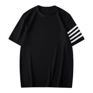 T-shirt unisexe en gros avec logo personnalisé brodé - T-shirt en maille gaufrée lourde à manches rayées, coupe ample, design vierge - Product Image 3