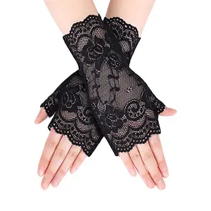 Cross border women's short lace half-finger lace sunscreen gloves bare finger lace wedding ball decorative gloves