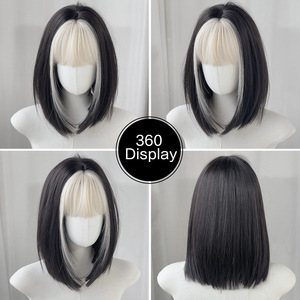<span class=keywords><strong>Parrucca</strong></span> Corta Bob YK2 per Donne, Capelli Corti Lisci Grigio-Bianco con Frangia, Stile Loli, Alta Qualità, Copertura Completa, Sintetica Resistente al Calore - Product Image 3