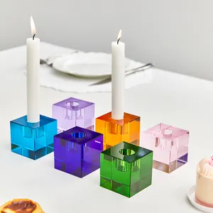 Popular Wholesale Multi Color Small Crystal Candlestick Home Table Decor Square Crystal Glass Candle Holders