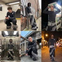 Jeans Baggy Homme Personnalisés avec Bordure en Fausse Fourrure, Pantalon en Denim à Jambes Larges, Effet Usé et Déchiré, Style Streetwear, Marque Privée, Faible MOQ, OEM ODM, Vente Directe