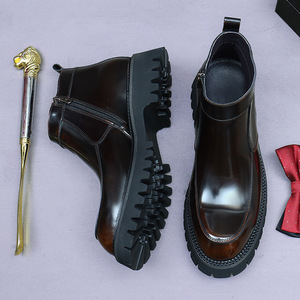 Bottines Chelsea pour hommes - Bottines Martin en cuir véritable haut de gamme, style britannique, semelle épaisse, cuir brillant, pour un look business décontracté - Product Image 3